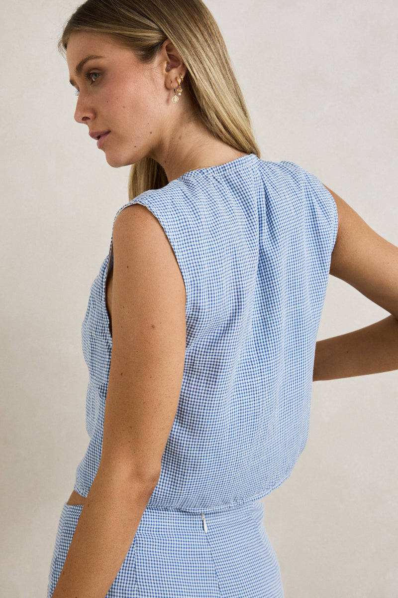 Del Rio Gathered Top Blue Check