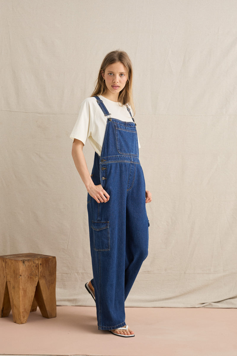 Charlie Wide Leg Cargo Overall Dark Denim