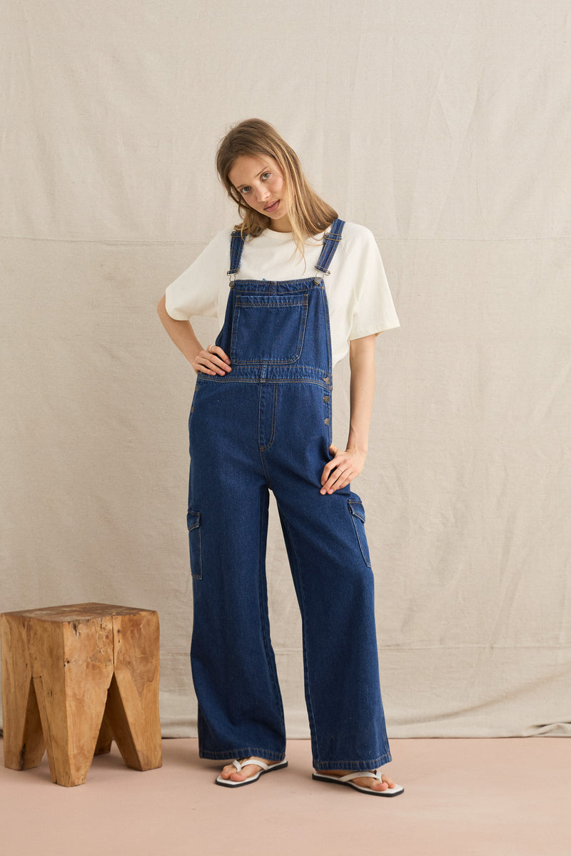 Charlie Wide Leg Cargo Overall Dark Denim
