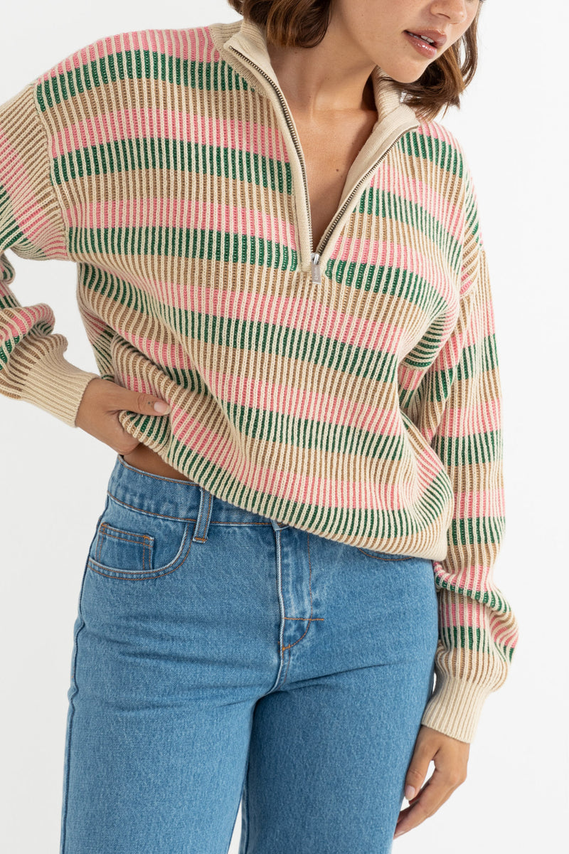 Estelle Quarter Zip Striped Knit Guava