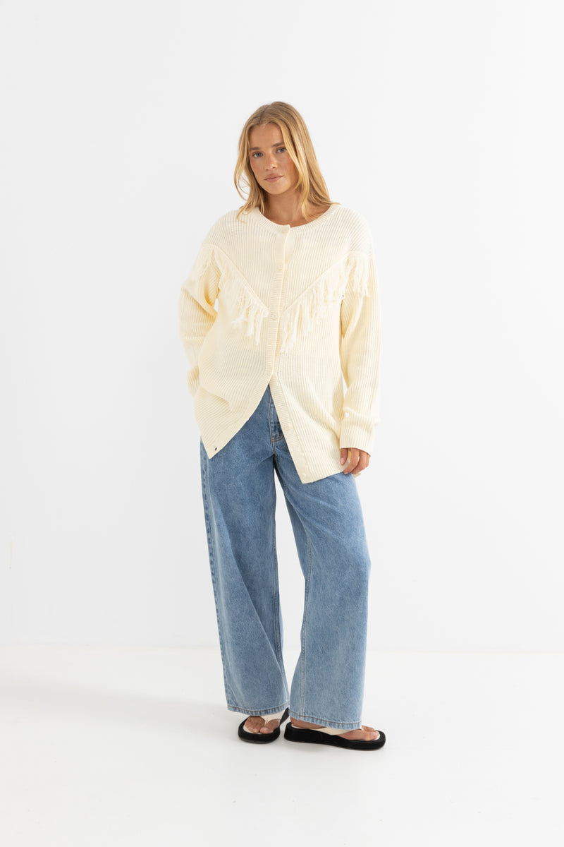 River Fringe Knit Cardigan Oat