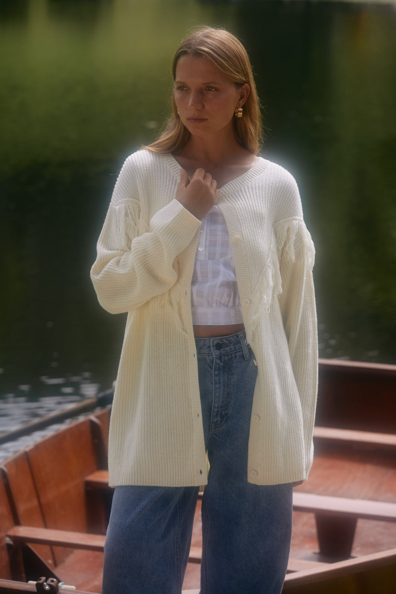 River Fringe Knit Cardigan Oat