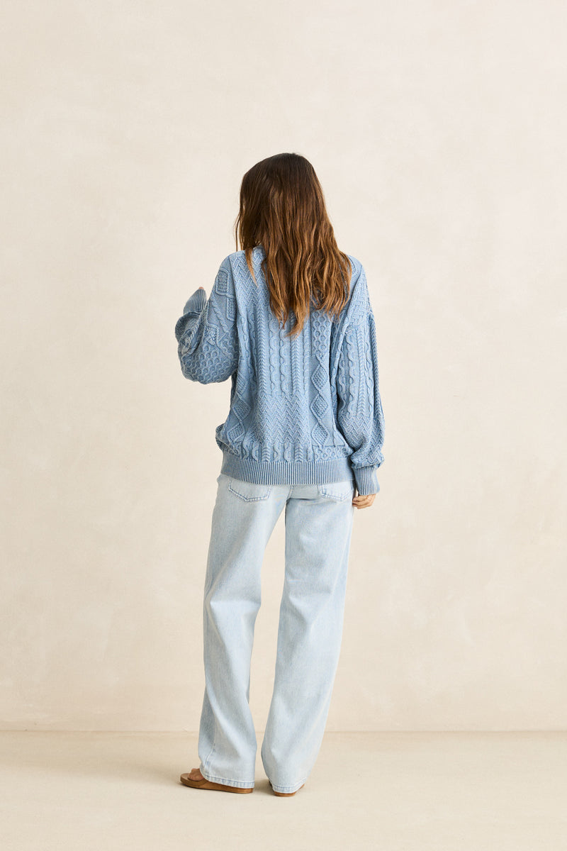Patchwork Salt Wash Sweater Washed Blue