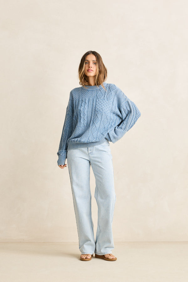 Patchwork Salt Wash Sweater Washed Blue