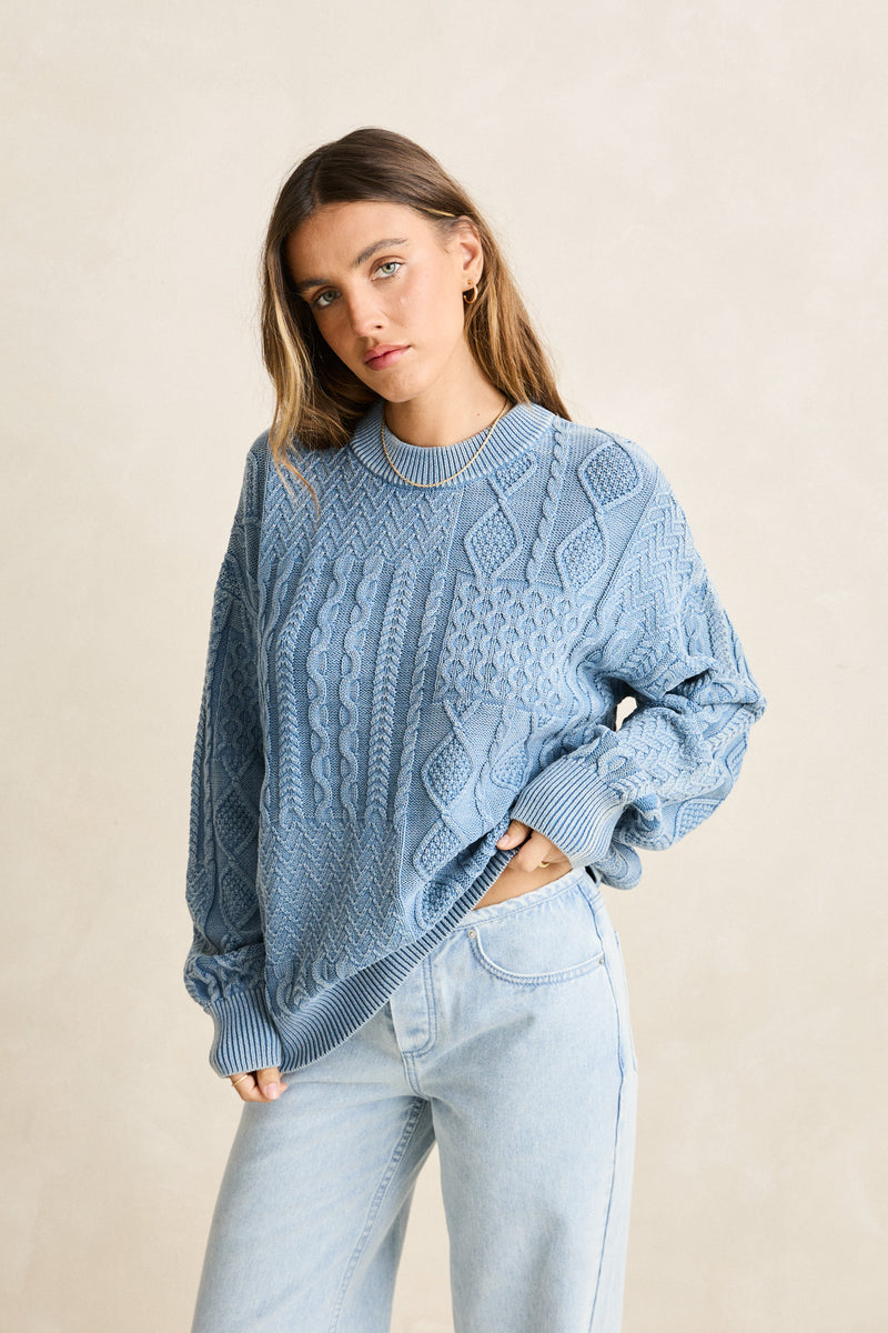 Patchwork Salt Wash Sweater Washed Blue