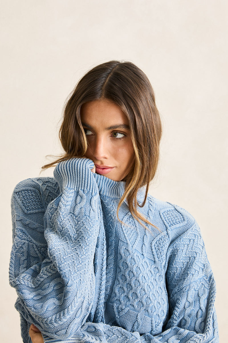 Patchwork Salt Wash Sweater Washed Blue