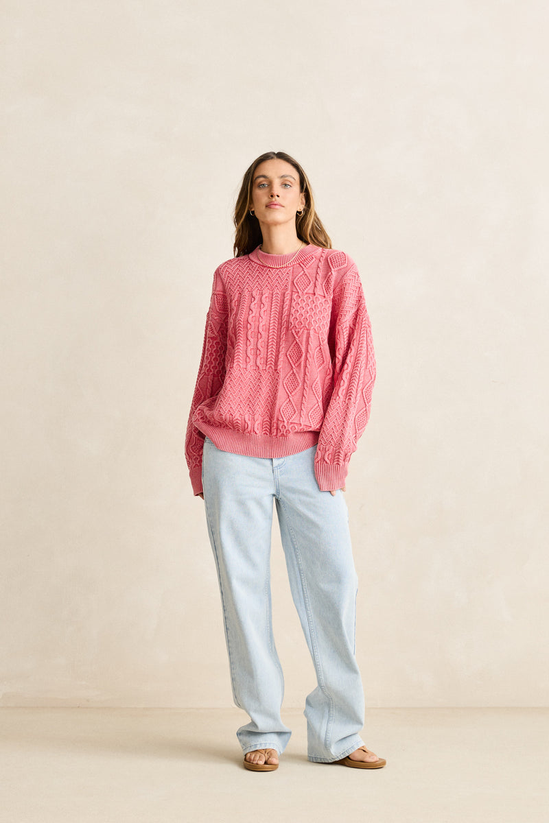 Patchwork Salt Wash Sweater Washed Red