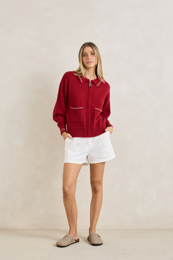 Frankie Dual Zip Cardigan Cherry