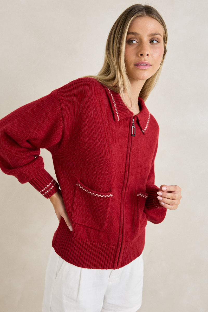 Frankie Dual Zip Cardigan Cherry
