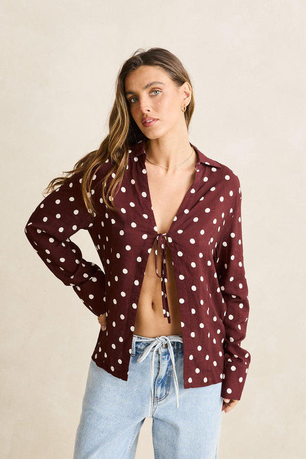 Polka Dot Tie Front Shirt  Cafe