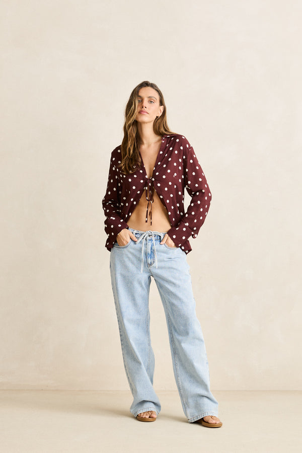 Polka Dot Tie Front Shirt  Cafe
