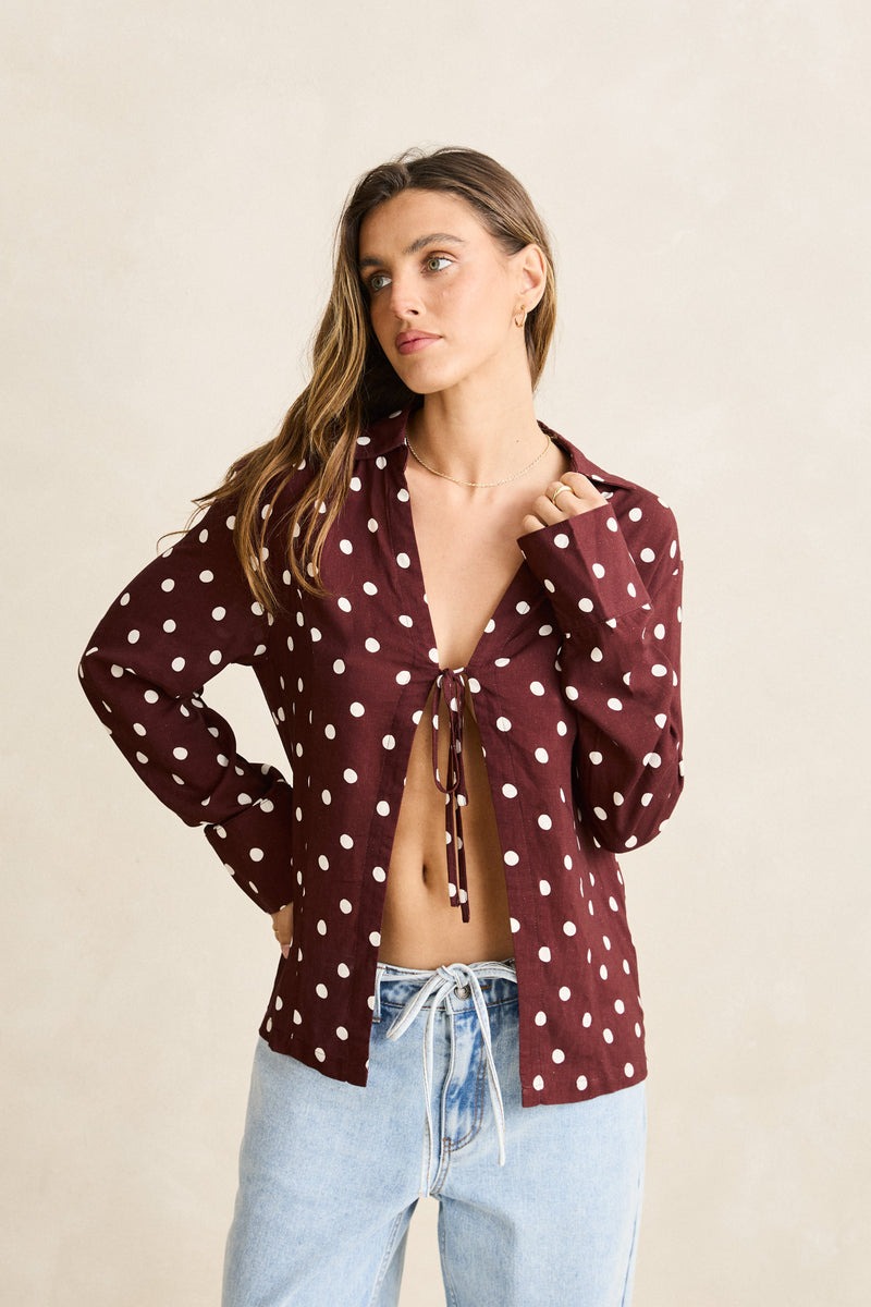 Polka Dot Tie Front Shirt  Cafe