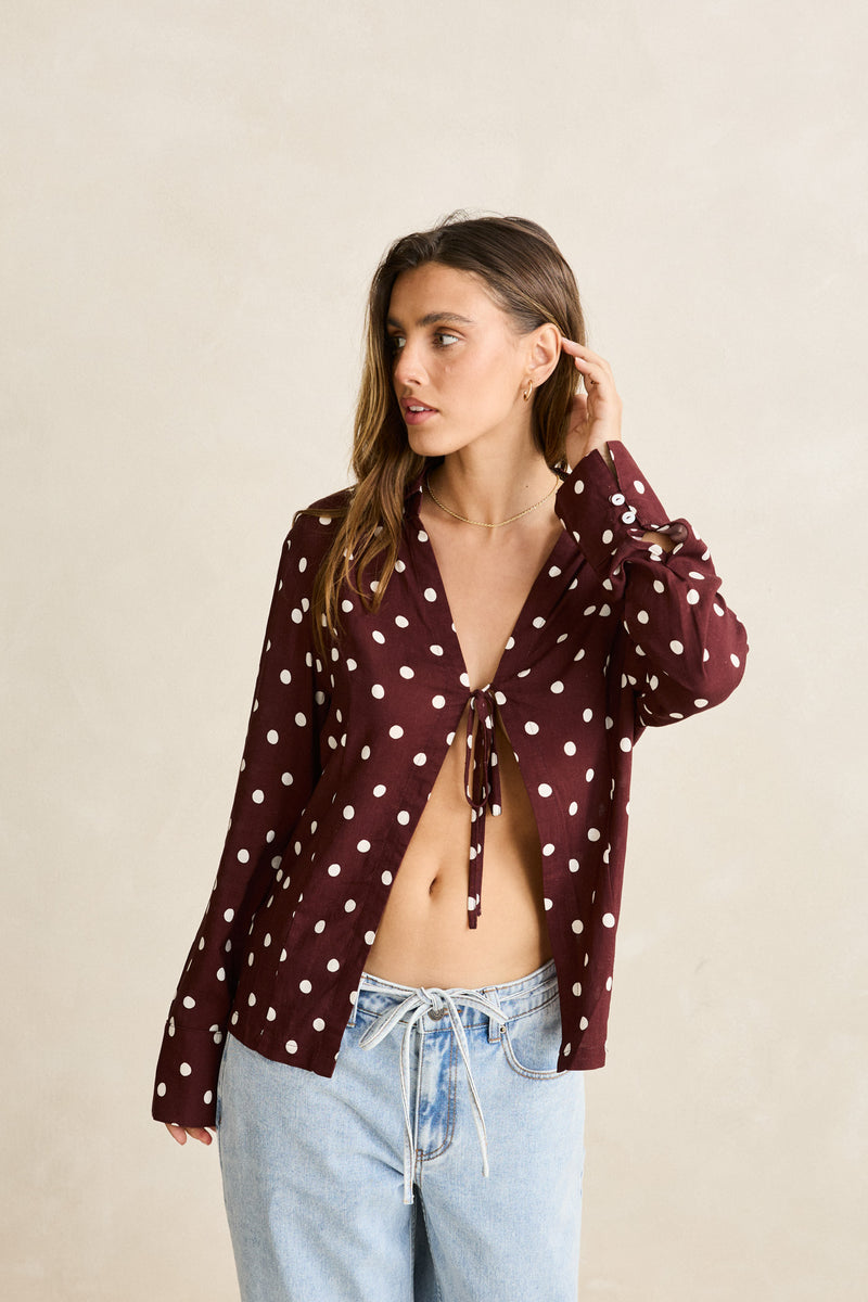 Polka Dot Tie Front Shirt  Cafe