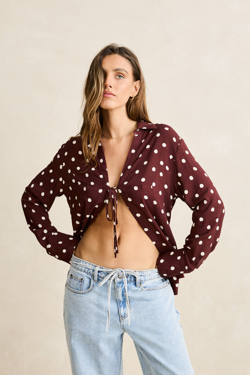 Polka Dot Tie Front Shirt  Cafe