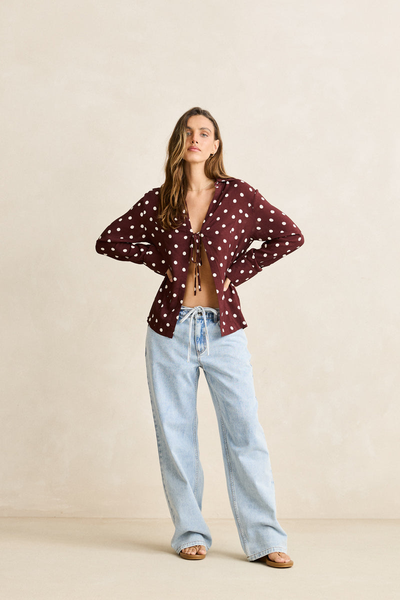 Polka Dot Tie Front Shirt  Cafe