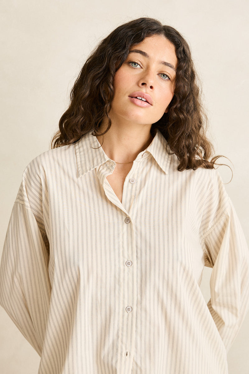 Cove Stripe Oversized Ls Beach Shirt Oat