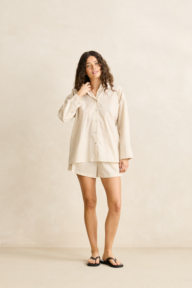 Cove Stripe Oversized Ls Beach Shirt Oat