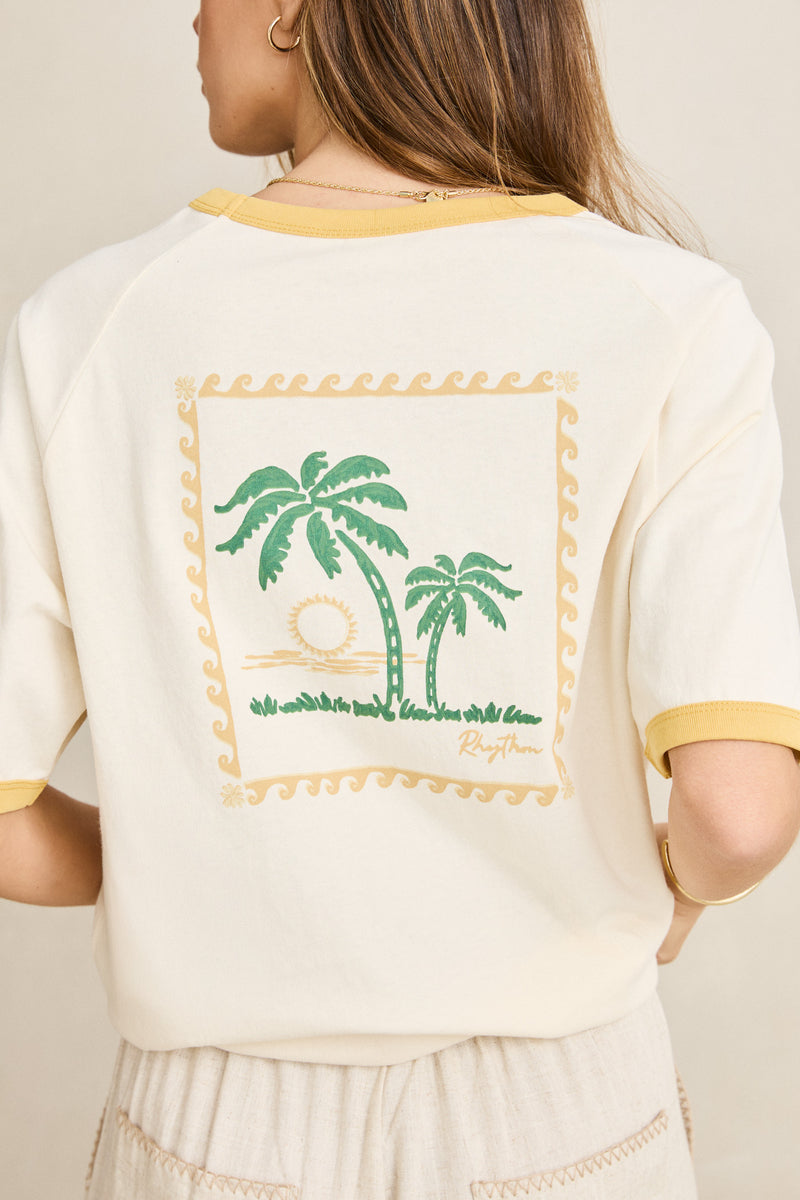 Sunset Palm Ringer Tee Cornsilk