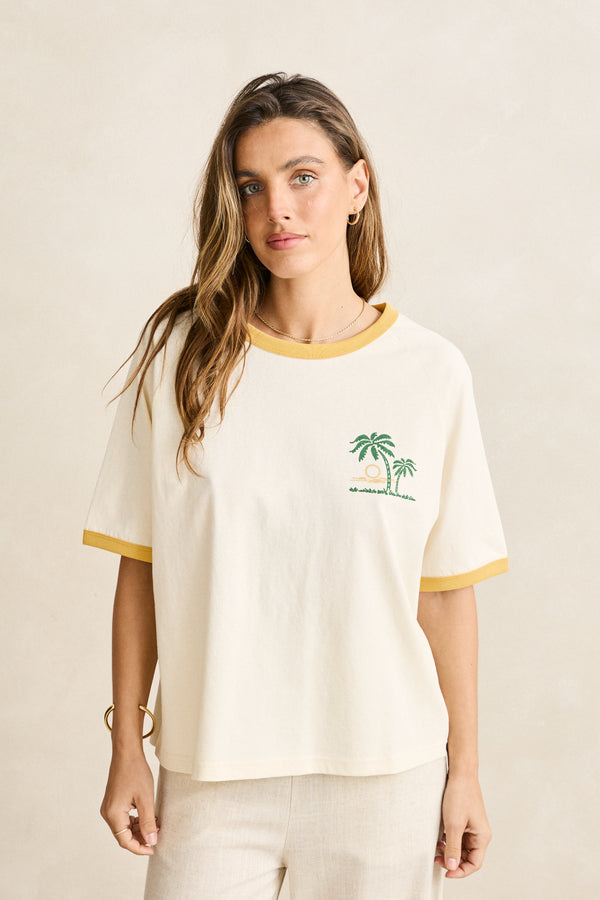 Sunset Palm Ringer Tee Cornsilk
