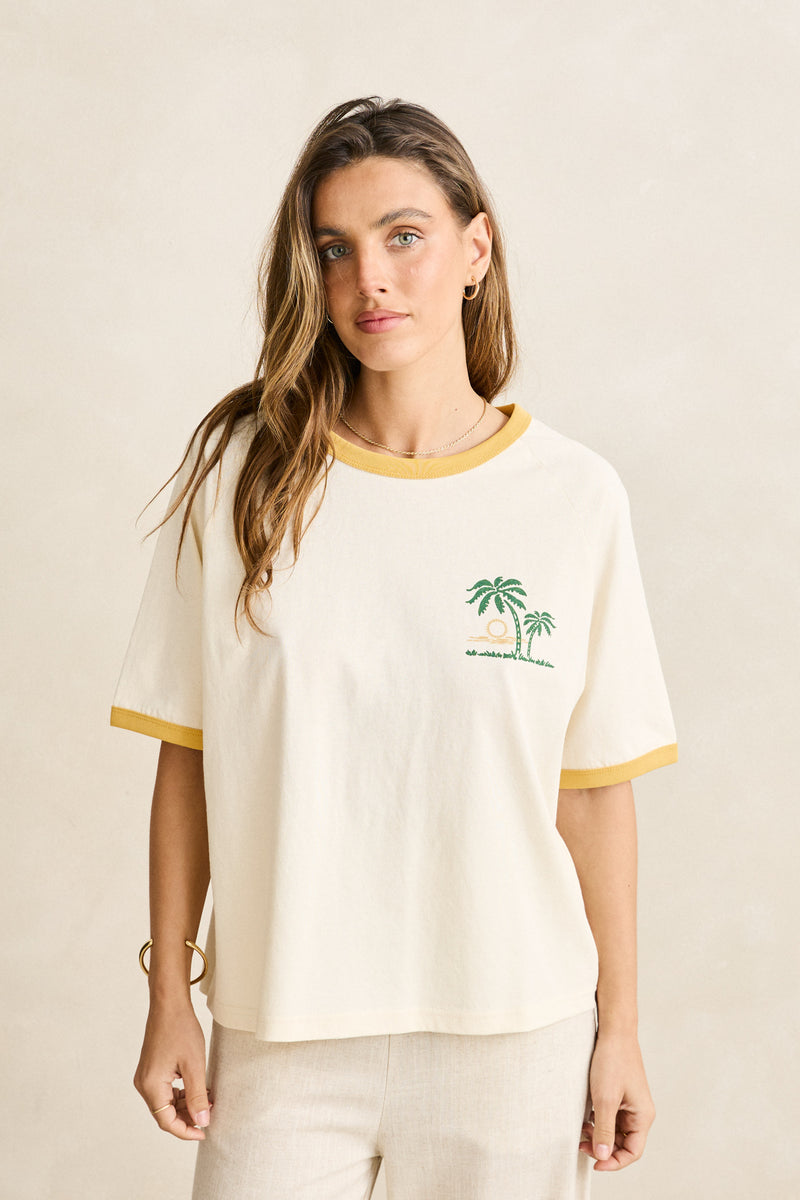 Sunset Palm Ringer Tee Cornsilk