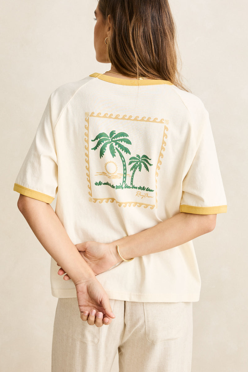 Sunset Palm Ringer Tee Cornsilk