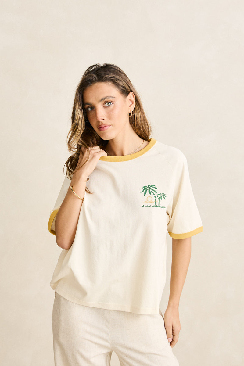 Sunset Palm Ringer Tee Cornsilk
