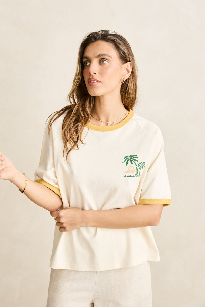 Sunset Palm Ringer Tee Cornsilk