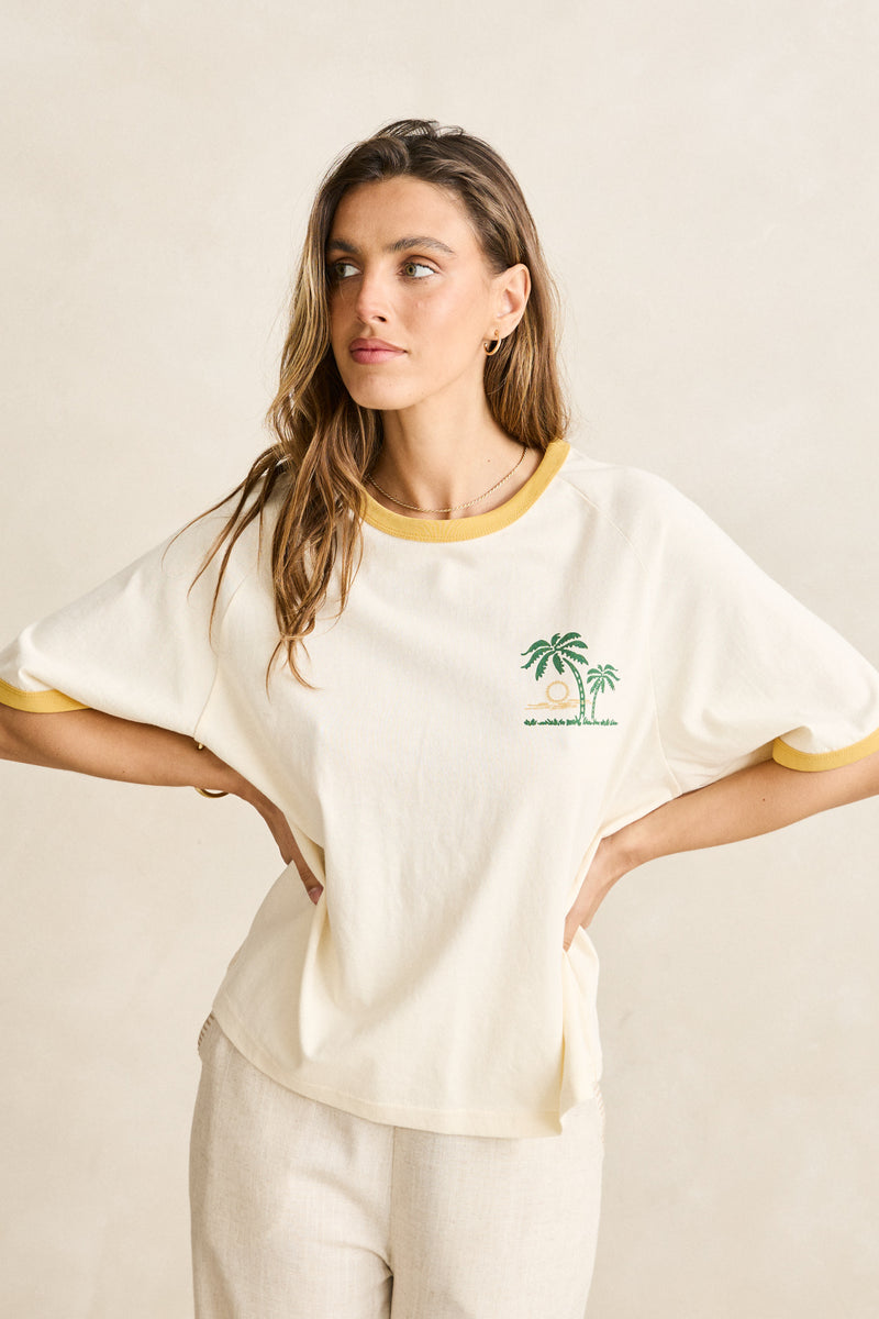 Sunset Palm Ringer Tee Cornsilk