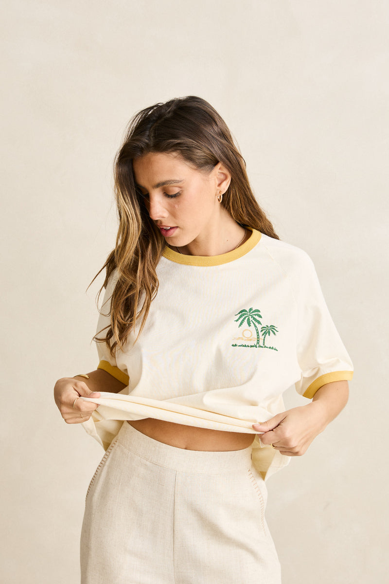 Sunset Palm Ringer Tee Cornsilk