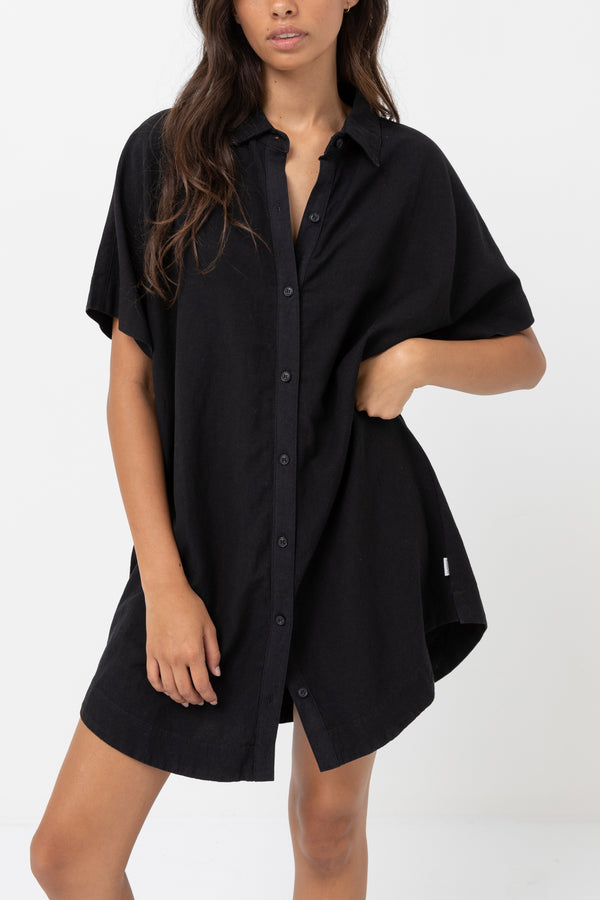 Classic Linen Shirt Dress Black