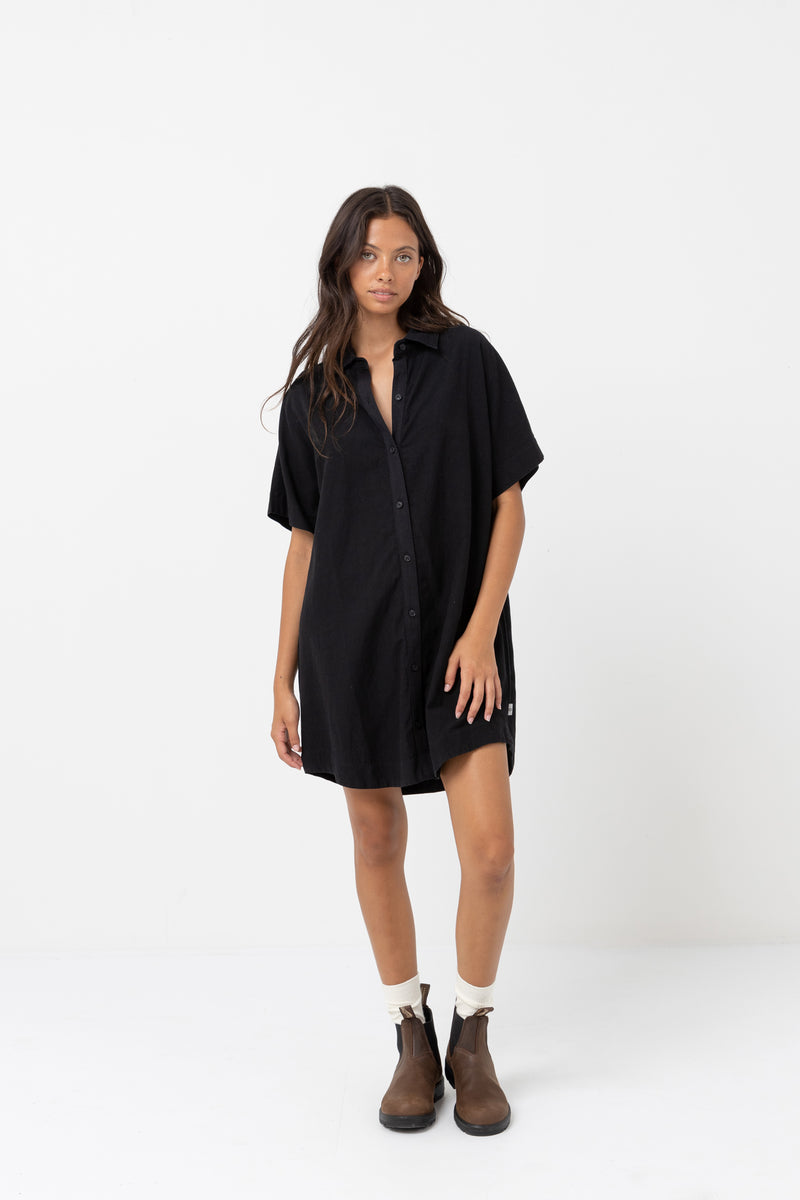 Classic Linen Shirt Dress Black