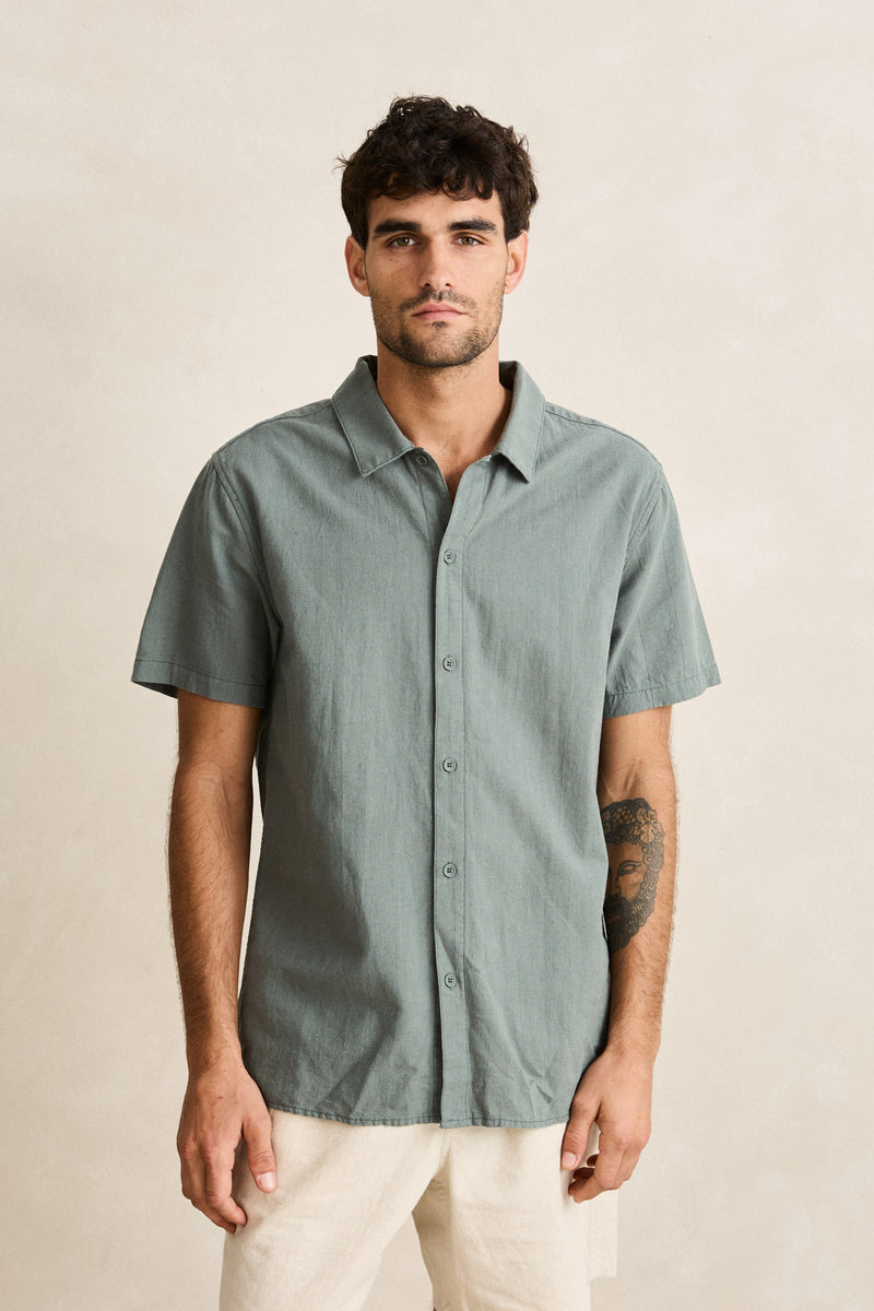 Classic Linen Ss Shirt Silver Pine