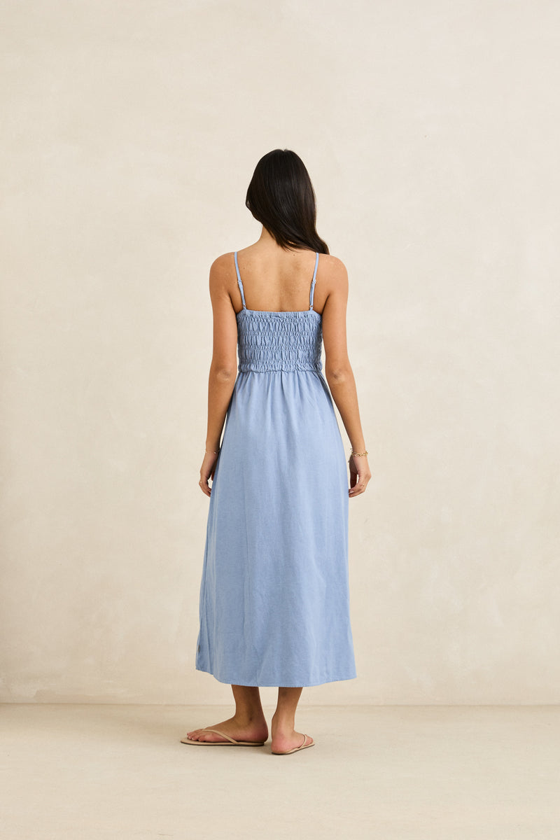 Classic Shirred Midi Dress Steel Blue