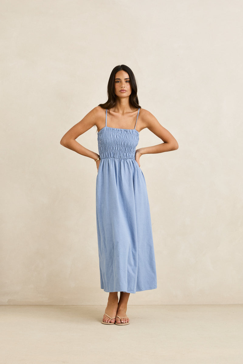 Classic Shirred Midi Dress Steel Blue