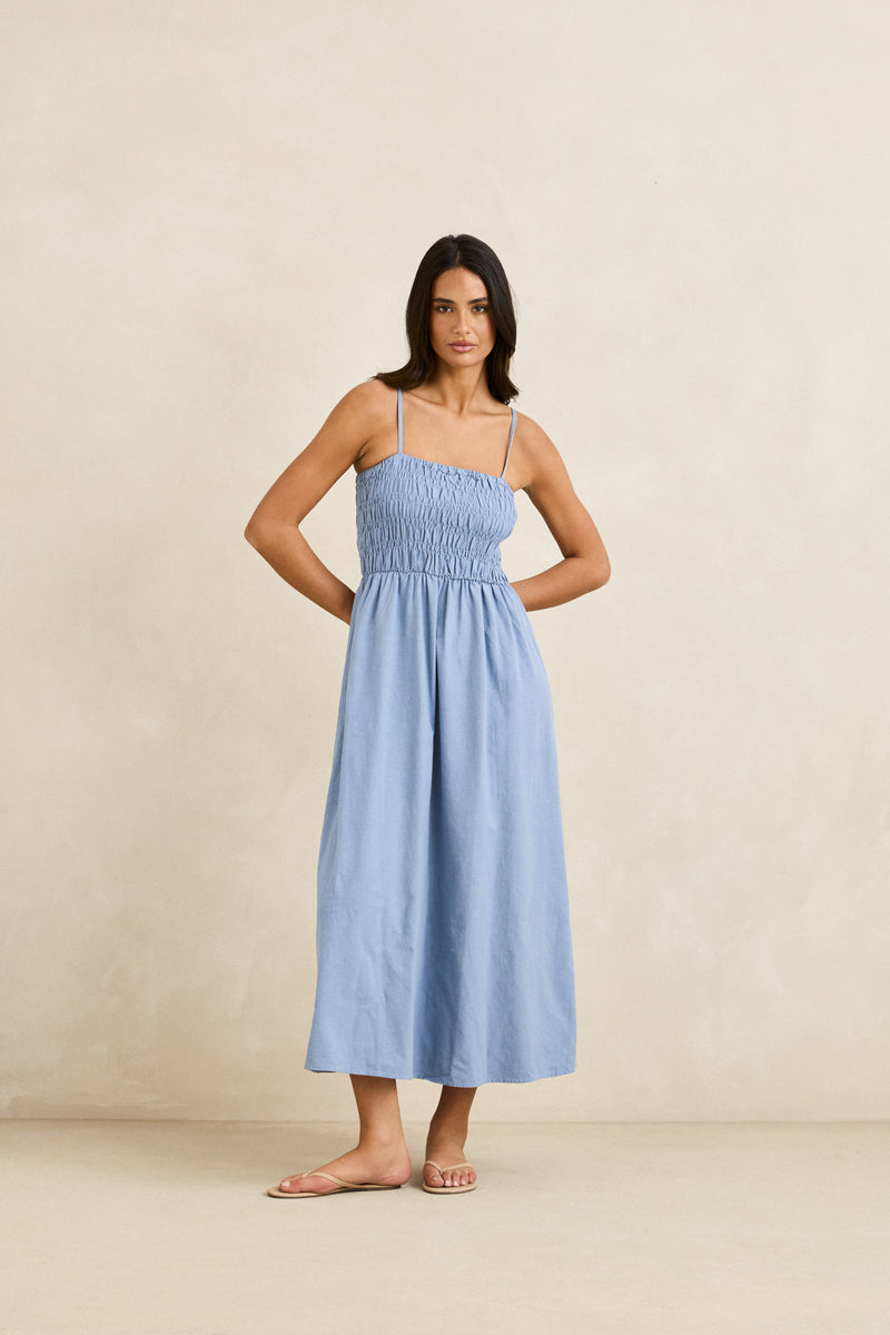 Classic Shirred Midi Dress Steel Blue
