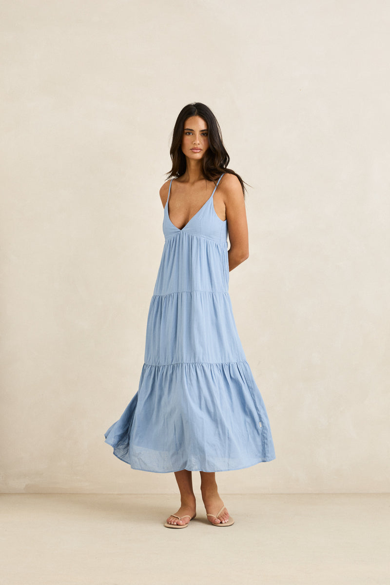 Classic Tiered Midi Dress Steel Blue