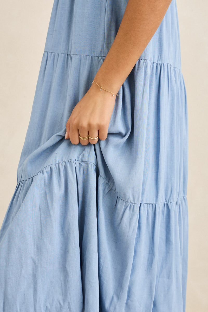 Classic Tiered Midi Dress Steel Blue