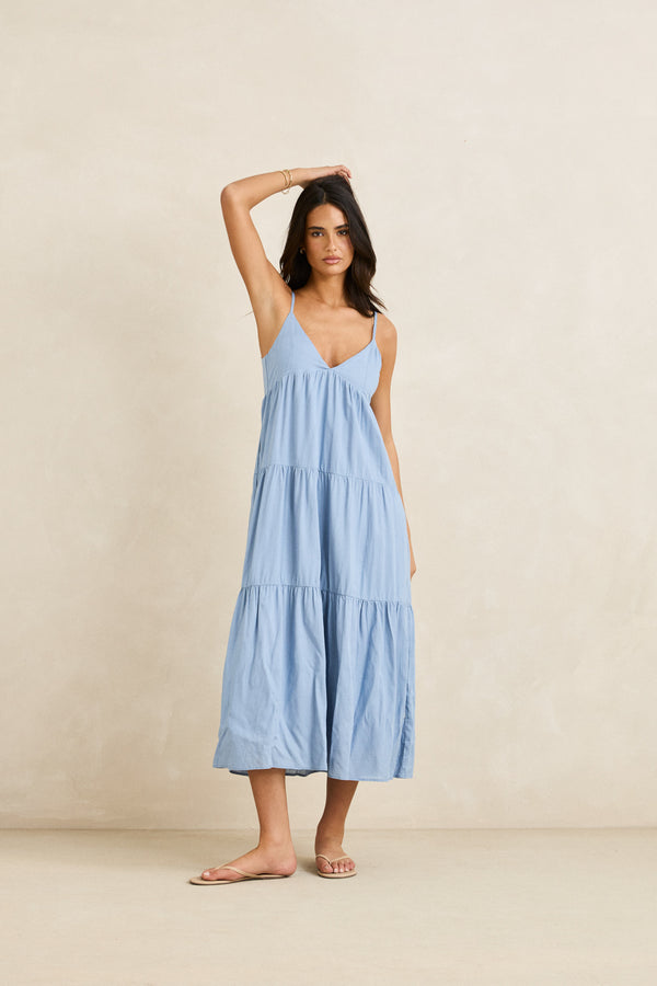 Classic Tiered Midi Dress Steel Blue