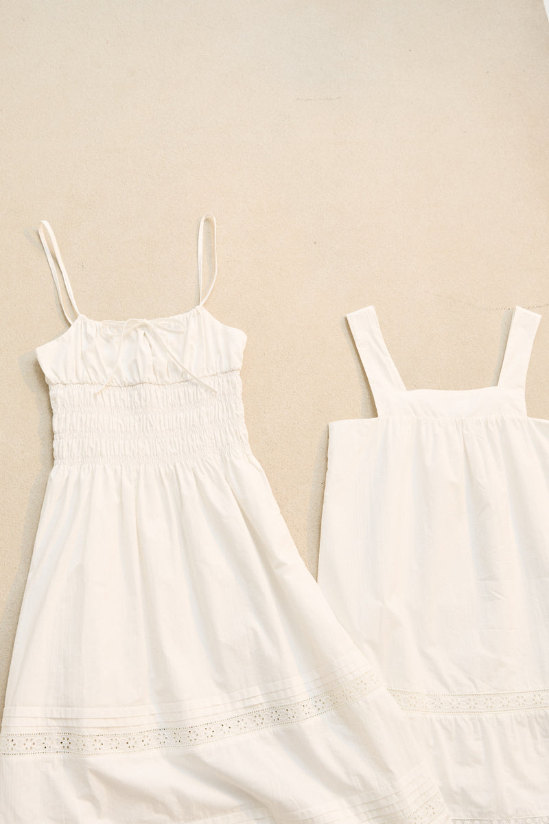 Broderie Lace Gathered Midi Dress White