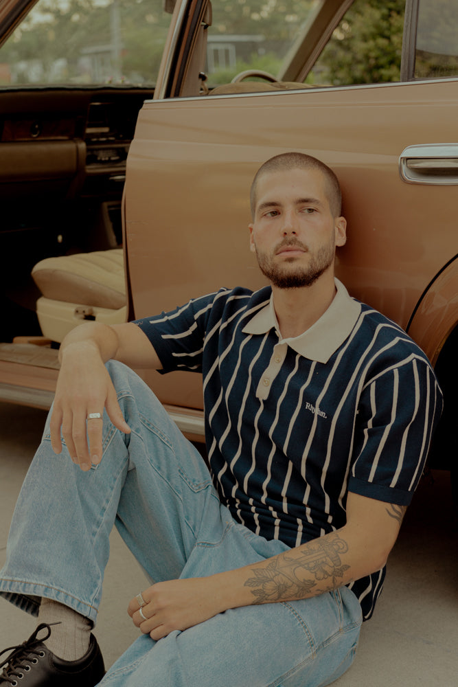 Striped Knit Ss Polo Navy