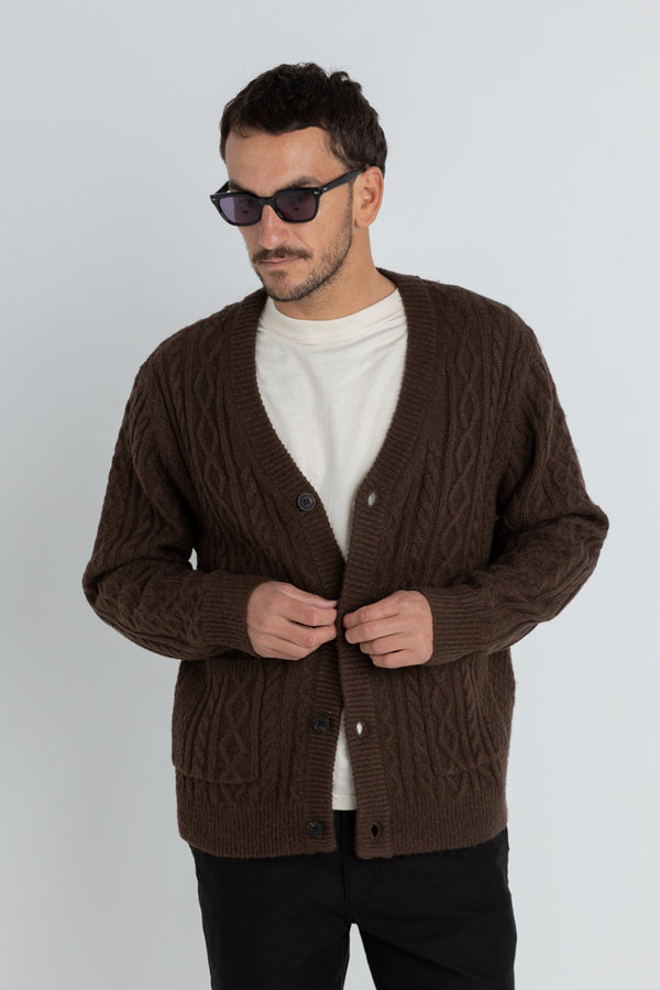 Mohair Cable Knit Cardigan Brown