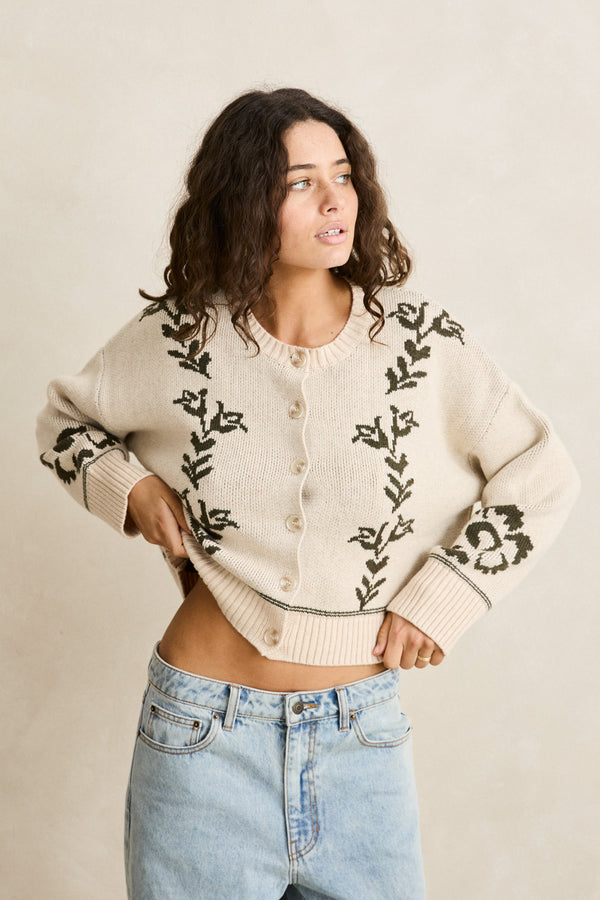 Antique Floral Crop Cardigan Natural