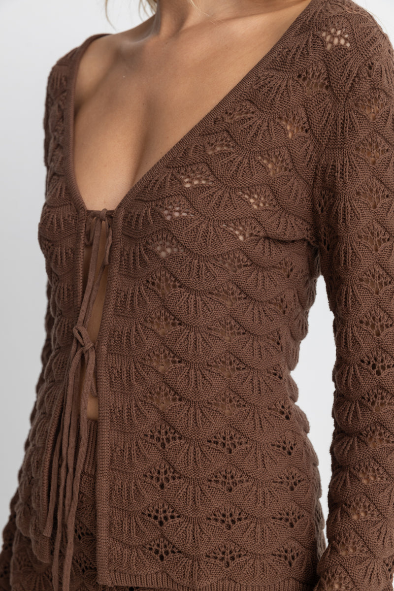 Venice Knit Long Sleeve Tie Front Top Chocolate