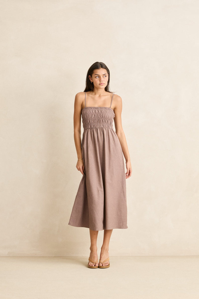 Classic Shirred Midi Dress Taupe Rhythm Classic Shirred Midi Dress Taupe Rhythm