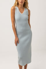V Neck Knit Midi Dress Cool Blue