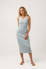 V Neck Knit Midi Dress Cool Blue