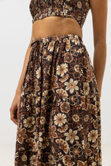 Cantabria Floral Tiered Maxi Skirt Brown