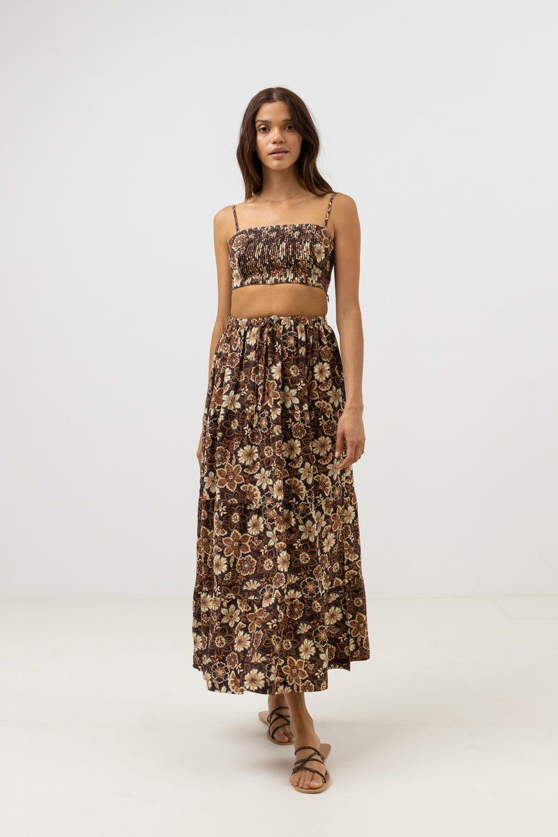 Cantabria Floral Tiered Maxi Skirt Brown
