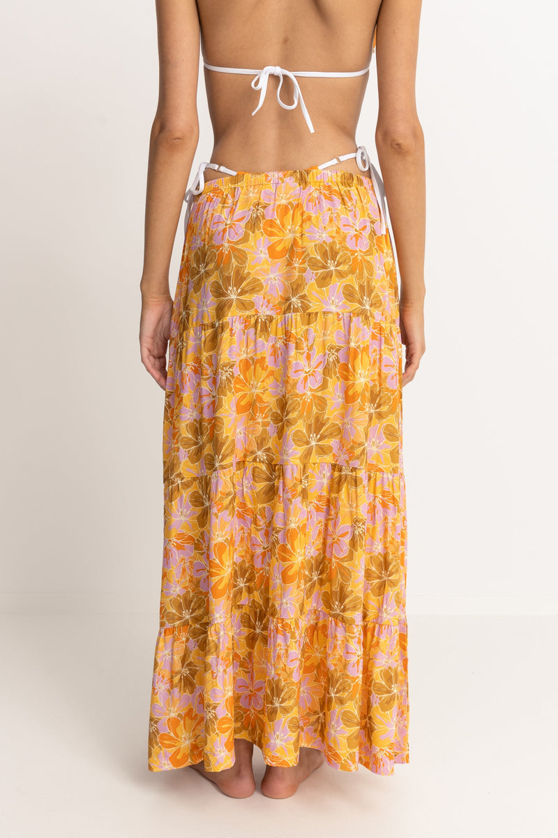 Mahana Floral Tiered Maxi Skirt Yellow