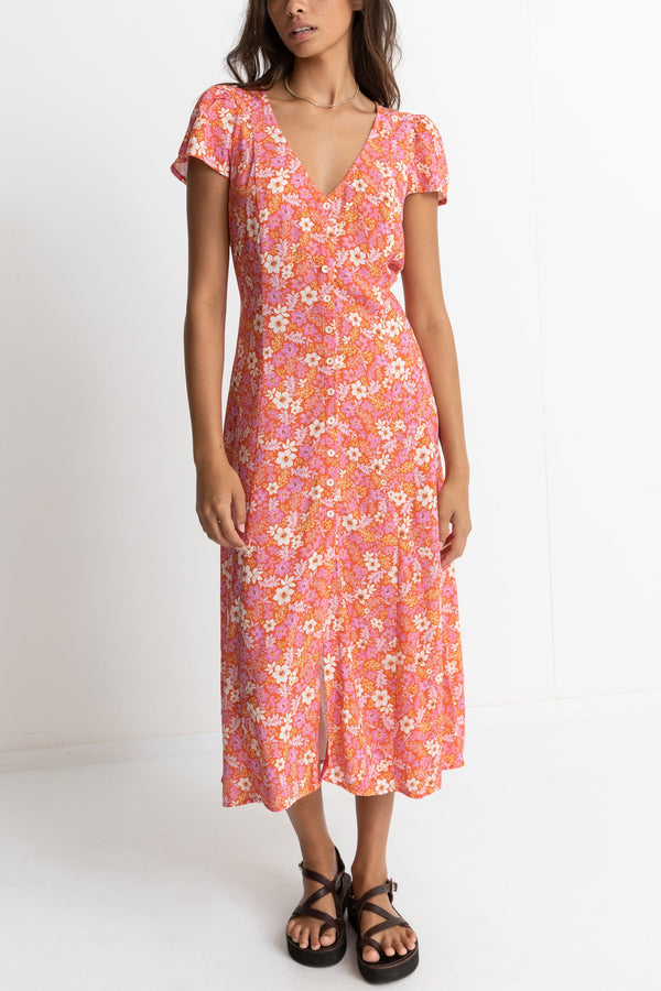 Luna Floral Cap Sleeve Midi Dress Red